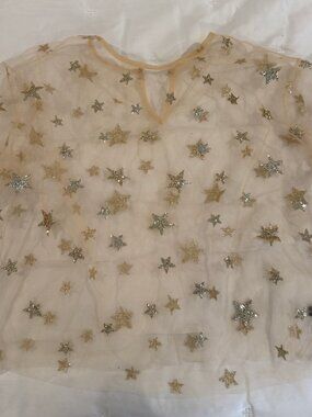 Lirika Matoshi Sheer Gold Star Embellished Tulle Top